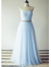 Sky Blue Pleats Tulle with Beaded Belt Long Prom Dress